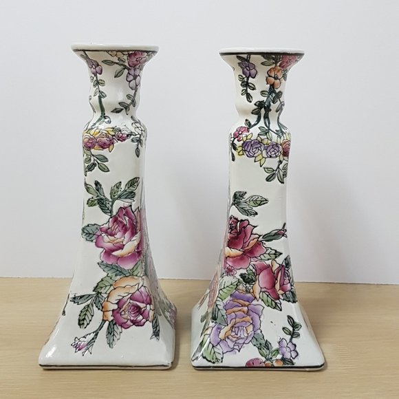 Vintage Hand Painted Floral Candlestick Holders - Picture 6 of 12